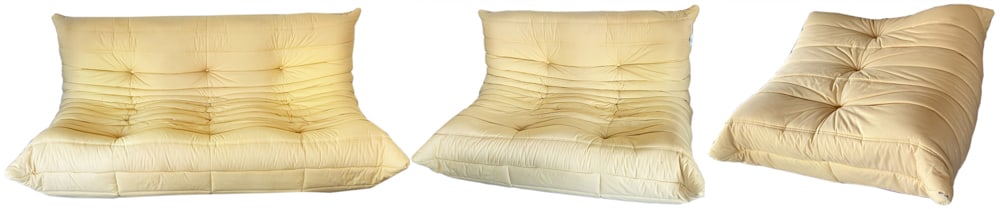 French Caterpillar-style Sofa, Love Seat, and Ottoman: French caterpillar-style sofa, love seat, and ottoman, sofa 29" H x 61" W x approximately 38" D, tag reads "Prima Jonquille", "Made in France". Good condition. Provenance: Lexington, Massachusetts