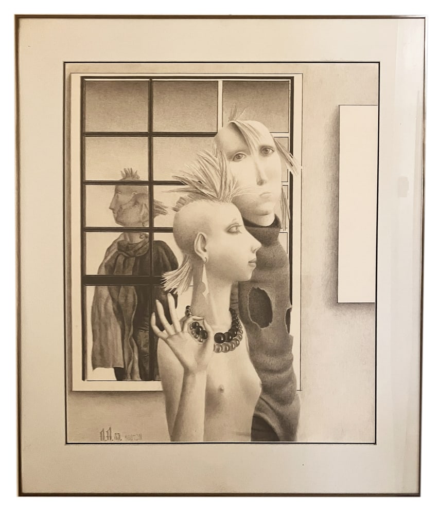 Alexander Anufriev, Man and Woman at Window: Alexander Anufriev (Russian, 1940-2024), man and woman at window, graphite and charcoal drawing, marked L/L "A.A. 85 Boston", 23 1/2" x 18 1/2" (sight), framed 30" x 24 1/2". Gallery booklet attached