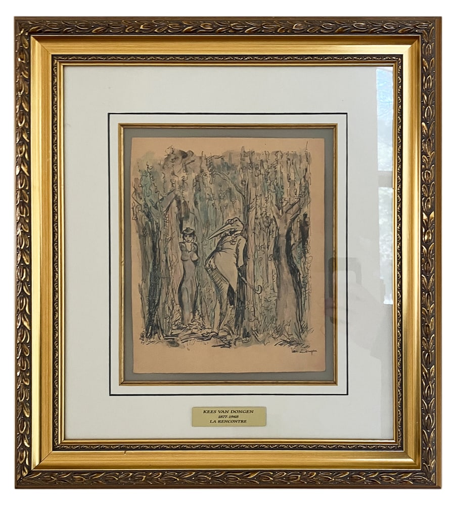 Kees van Dongen, "La Rencontre", Watercolor: Kees van Dongen (Dutch-French, 1877-1968), "La Rencontre", watercolor, signed L/R, info verso, 9 3/4" x 8" (image), in gilt frame 19 1/4" x 17 1/2". Provenance: Lexington, Massachusetts collection. PL