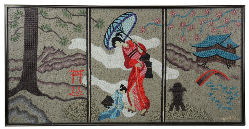Alvarez Genaro, Mosaic Wall Art, Lady in Kimono: Alvarez Genaro (Mexican, 1915-1982), mosaic wall art depicting lady in kimono with umbrella, signed L/R, framed 24" x 49". Provenance: Methuen, Massachusetts collection.