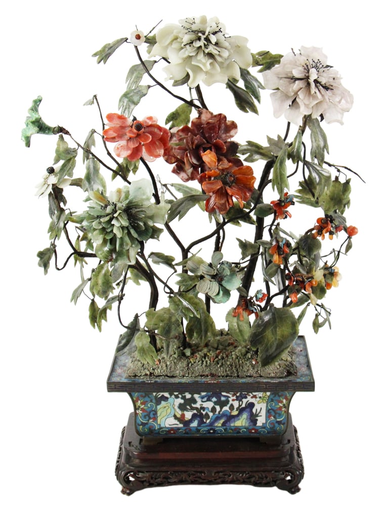 Chinese Qing Dynasty Jade and Hardstone Tree in Planter: Chinese Qing Dynasty jade and hardstone tree in cloisonne planter on wood stand, 23" x 15". Provenance: Estate of Thomas Nicholson of Palm Beach, Florida and Stratham, New Hampshire.