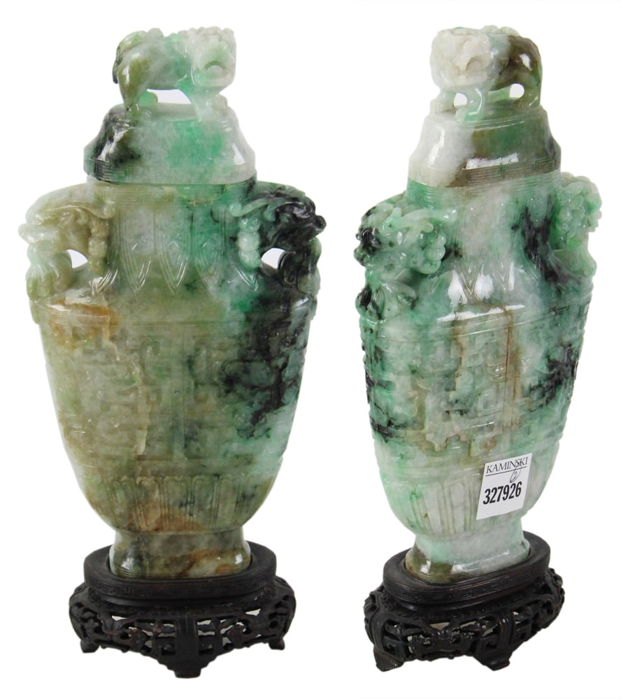 Pair of Archaistic Jade Quartz Covered Vases: Pair of archaistic jade quartz covered vases with animals, 10 3/4" on 1 1/2" stand; 4 3/4" x 1 1/2". Provenance: Estate of Thomas Nicholson of Palm Beach, Florida and Stratham, New Hampshire.