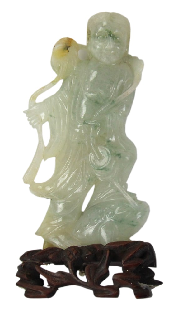 Chinese Carved Jade Figure on Stand: Chinese carved jade figure on stand, 6" x 3". Provenance: Estate of Thomas Nicholson of Palm Beach, Florida and Stratham, New Hampshire.