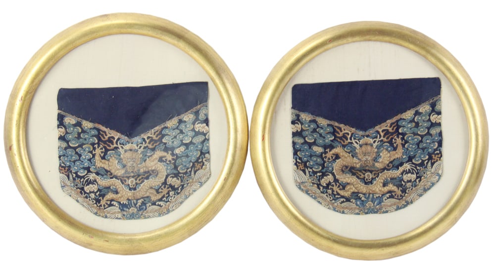 Pair of Chinese Imperial Robe Fragments, 5-Claw Dragon: Pair of Chinese Imperial robe fragments having 5-claw dragon, 8" x 8 1/2", framed 14" framed. Provenance: Estate of Thomas Nicholson of Palm Beach, Florida and Stratham, New Hampshire.