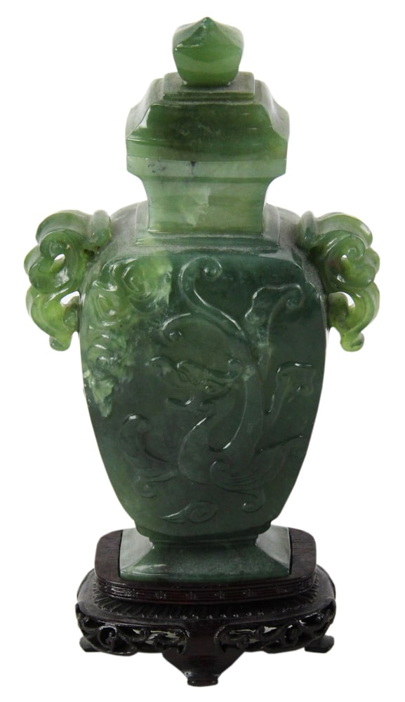 Chinese Spinach Jade Covered Vase: Chinese spinach jade covered vase, 8" x 5". With stand. Provenance: Estate of Thomas Nicholson of Palm Beach, Florida and Stratham, New Hampshire.