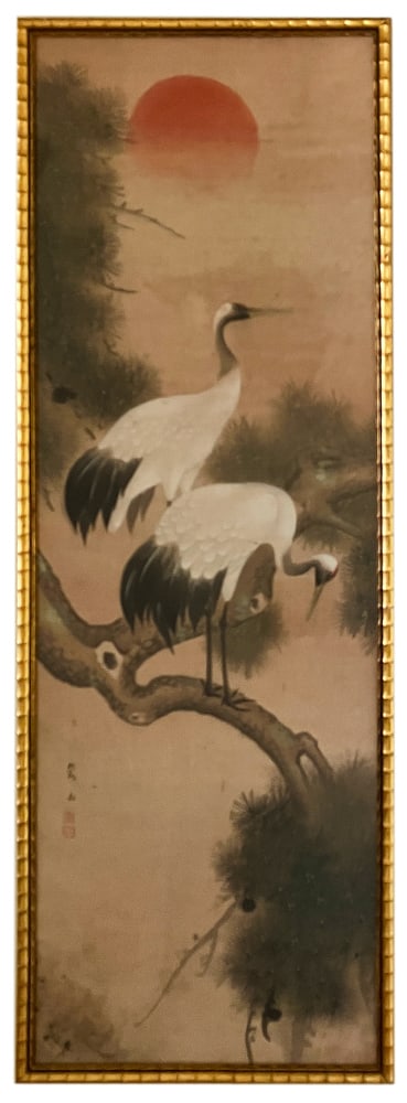 Chinese Painting on Silk Depicting Herons, Signed: Chinese painting on silk depicting herons, signed, 44 1/2" x 14 3/4" (image), in gilt frame 46" x 16 1/4". Provenance: Lexington, Massachusetts collection. PLEASE NOTE: Item to be picked up in place
