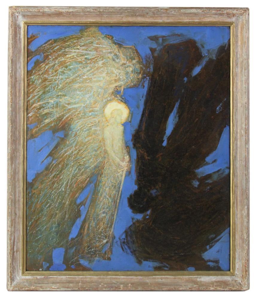 Semi-abstract of Light and Dark Figures, Oil on Canvas: Semi-abstract of light and dark figures, oil on canvas, dated "1994" verso, additional info verso in foreign language, 23 1/2" x 19 1/2", framed 27" x 23". Provenance: Estate of Dalia Zikas of Melrose
