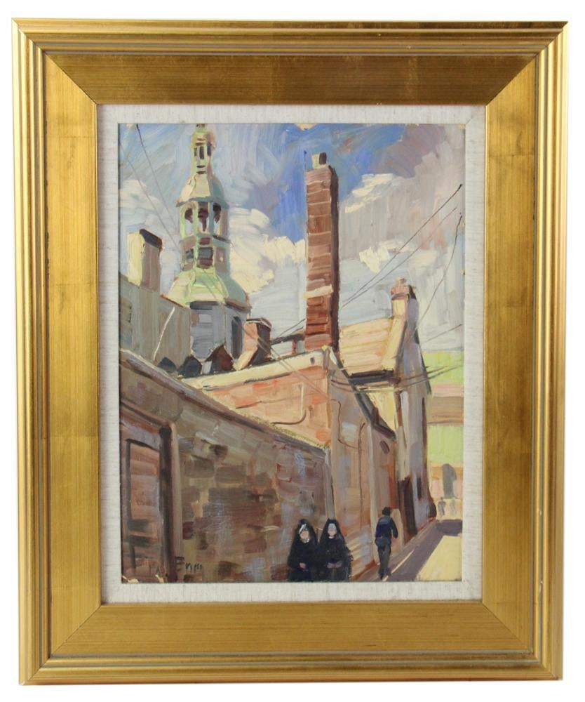 Church View with Nuns, Oil on Board: Church view with nuns, oil on board, signed indistinctly L/L, 15 1/2" x 11 1/2" (sight), in gilt frame 22 1/2" x 18 1/2". Provenance: Estate of Dalia Zikas of Melrose, Massachusetts.