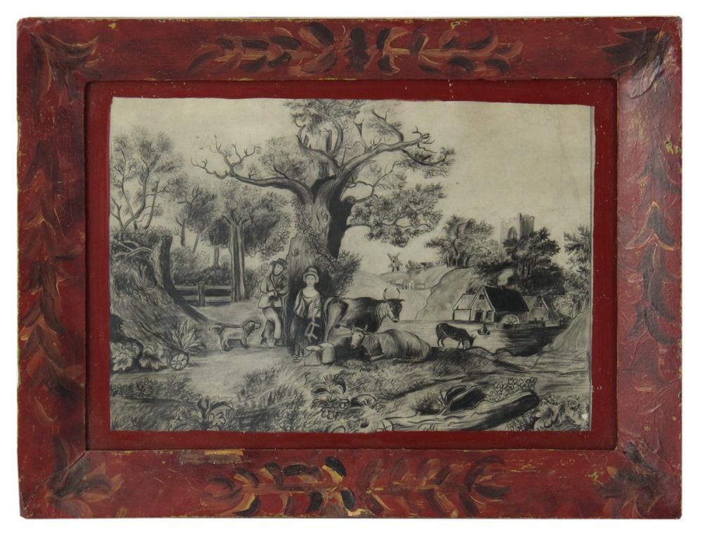 Primitive 19thC Pastoral Scene, Charcoal Drawing (1 of 5)