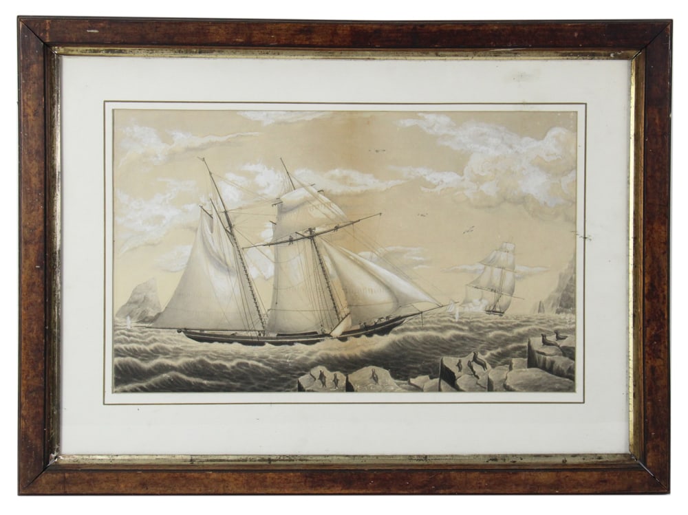 Schooner at Sea, Watercolor with Gouache: Schooner at sea, watercolor with gouache, 13 1/2" x 21" (image), framed 21 1/2" x 29 1/2". Provenance: Estate of Dalia Zikas of Melrose, Massachusetts.
