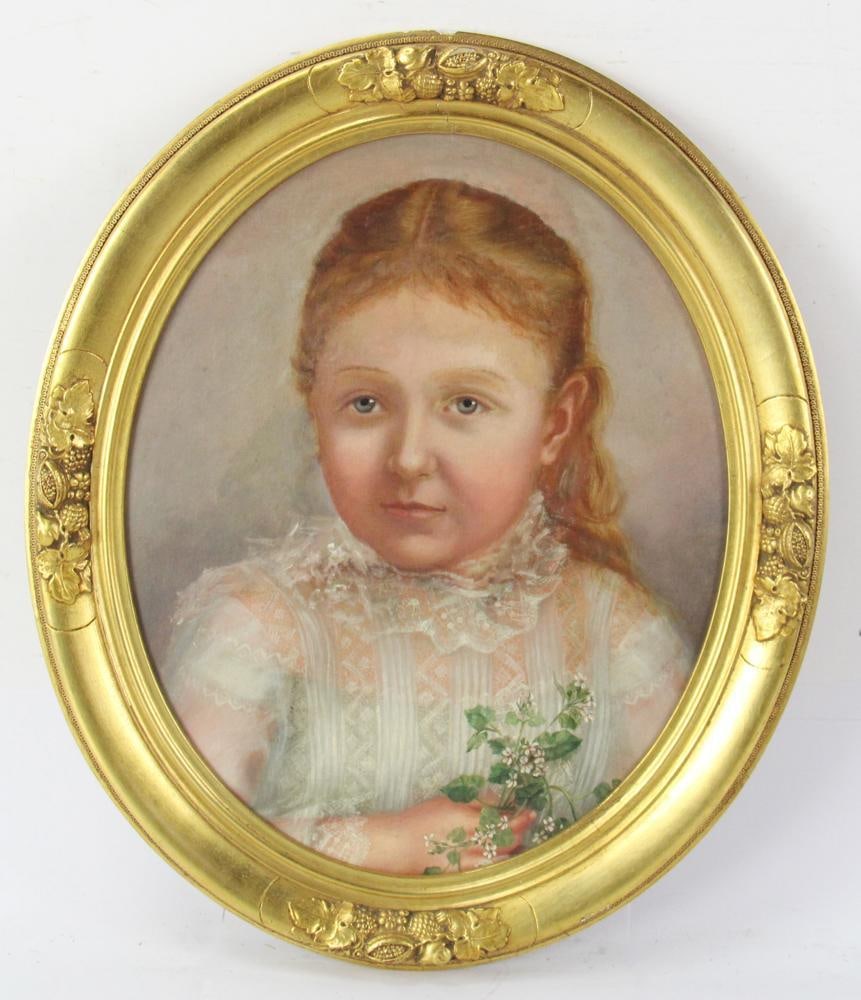 19thC Portrait of Young Girl with White Dress, Oil on Board: 19th century portrait of young girl with white dress, oil on board, 15 1/2" x 12 1/2" (sight), in oval gilt frame 19 1/2" x 16 3/4". Provenance: Estate of Dalia Zikas of Melrose, Massachusetts.