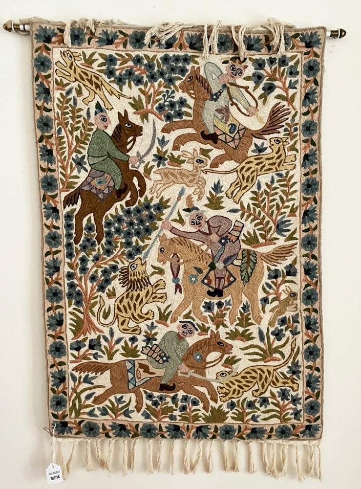 Hand-Crafted Wool Hanging Piece: Hand-crafted wool hanging piece, 34" H (excluding fringe) x 22 3/4" W. Good condition. Provenance: Lexington, Massachusetts collection. PLEASE NOTE: Item to be picked up in place in Lexington,