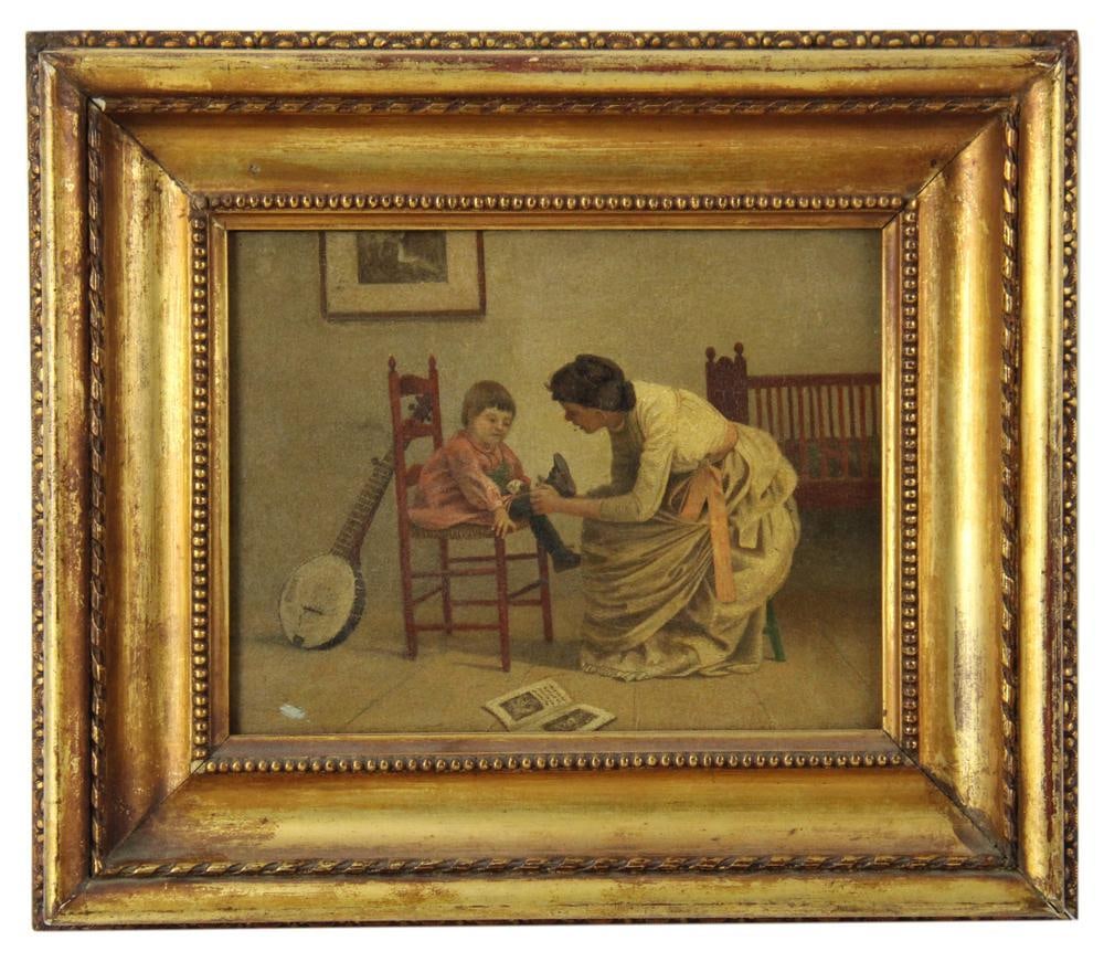 19thC Painting, Mother Putting on Child's Shoes, Oil on Board: 19th century painting, mother putting on child's shoes, oil on board, 6 1/4" x 8 1/8" (sight), in gilt frame 11 1/8" x 13". Provenance: Estate of Dalia Zikas of Melrose, Massachusetts.