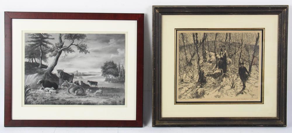 Etching and Lithograph of Figures, Sheep: Mother and children walking with sheep, etching, pencil-signed indistinctly L/R, titled L/L, framed 17" x 18 3/4", together with lithograph of sheep and cattle, framed 16" x 19". Provenance: Estate