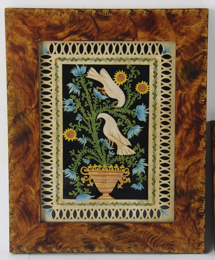 Two Framed Scherenschnitte Watercolors - 2