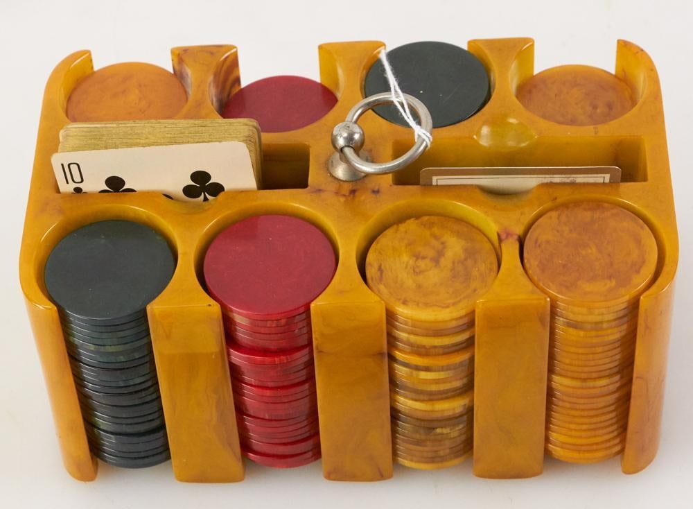 Vintage Bakelite Poker Chips in Stand - 10