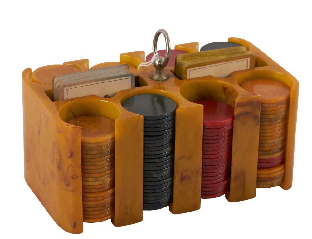 Vintage Bakelite Poker Chips in Stand (1 of 10)