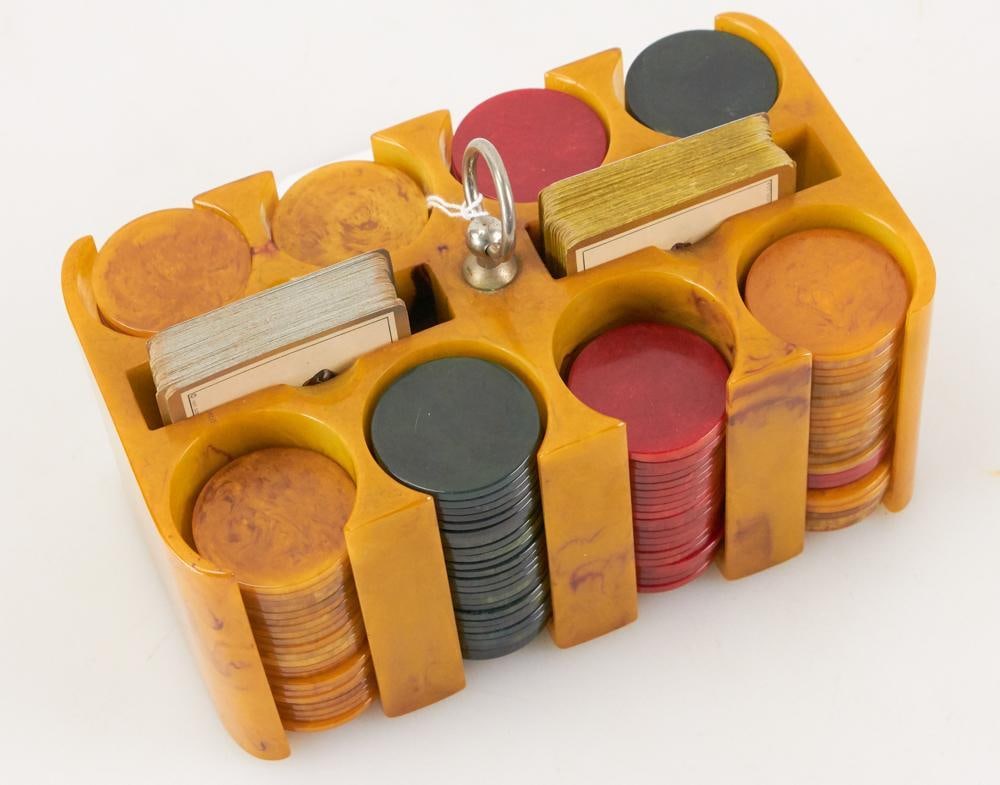 Vintage Bakelite Poker Chips in Stand - 5