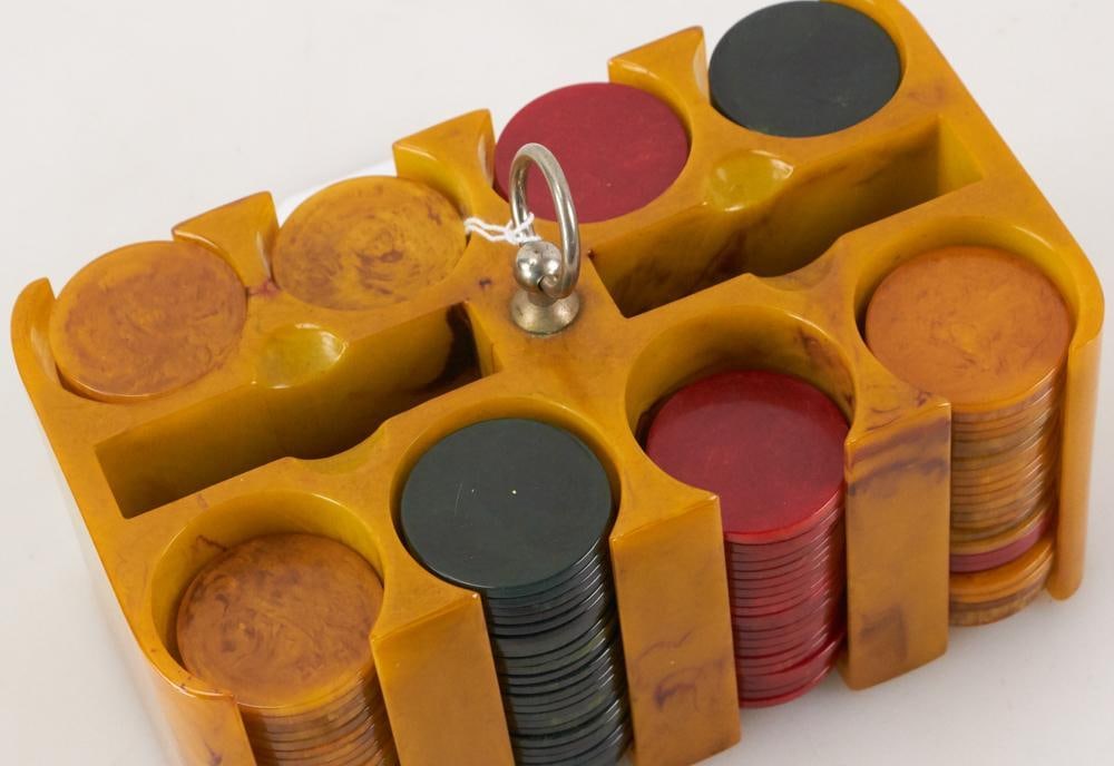 Vintage Bakelite Poker Chips in Stand - 7