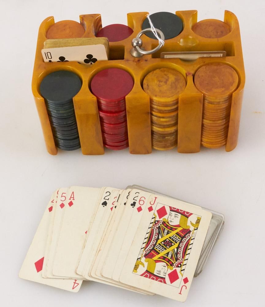 Vintage Bakelite Poker Chips in Stand - 8