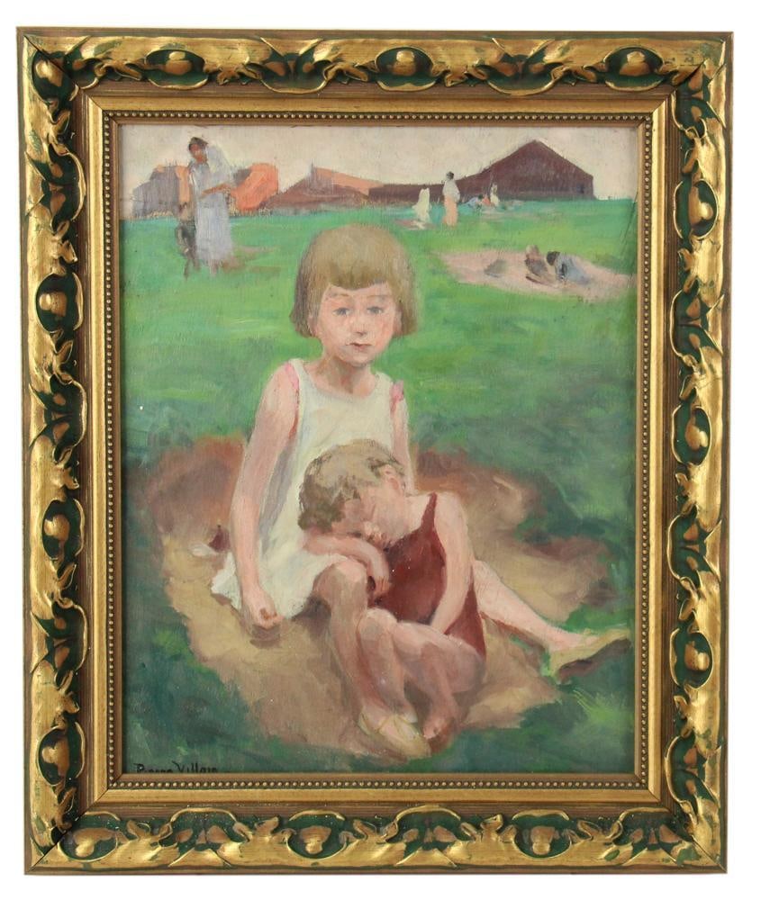 Pierre Villain, Sisters Resting, Oil on Board: Pierre Villain (1880-1950), sisters resting, oil on board, signed L/L, 16" x 13", framed 20" x 16 3/4". Provenance: Estate of Dalia Zikas of Melrose, Massachusetts.