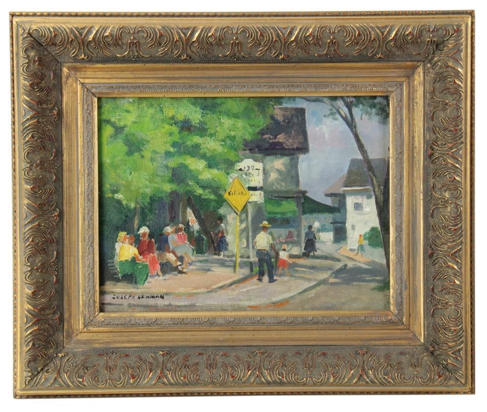 Joseph Newman, Street Scene, Oil on Canvas: Joseph Newman (New York artist, 1890-1979), street scene, oil on canvas, signed L/L, 9" x 12" in gilt frame 15 1/4" x 18 1/4". Provenance: Estate of Dalia Zikas of Melrose, Massachusetts.