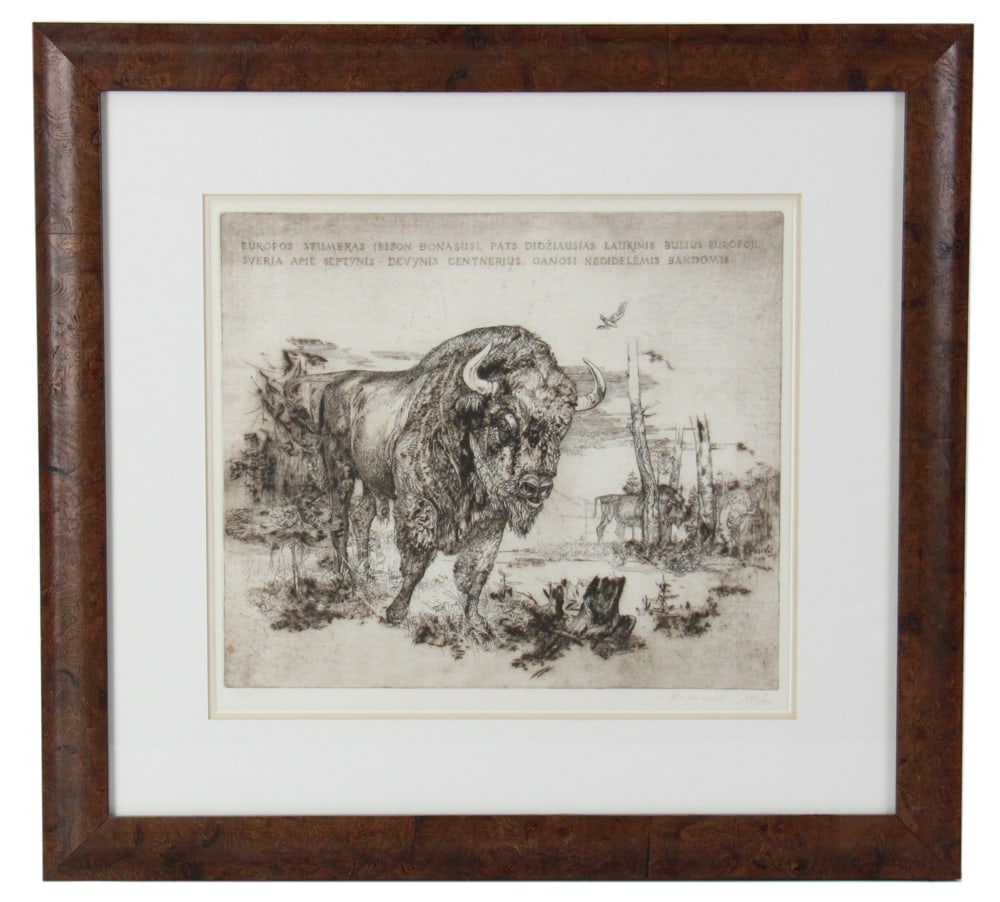 Bison, Etching: Bison, etching, pencil-signed and titled in print at top, 3/7 in margin, 12" x 13 3/4" (sight), framed 20 1/4" x 21 3/4". Provenance: Estate of Dalia Zikas of Melrose, Massachusetts.