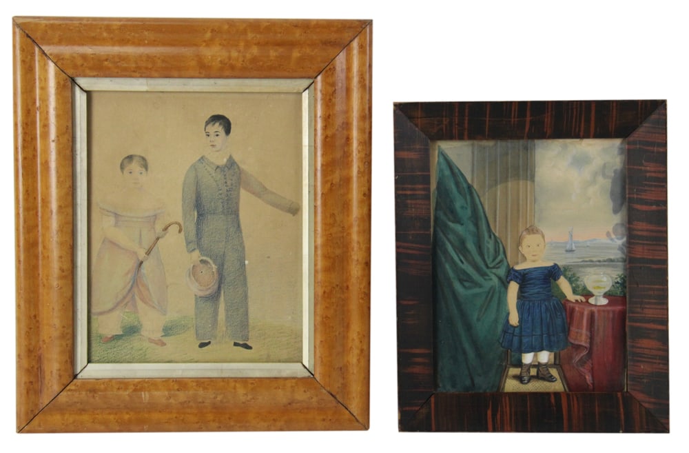 Two Framed Antique Portrait of Children: Two framed antique portraits of children, one a crayon drawing of young boy and girl; one a watercolor of young girl with fishbowl, larger figured maple frame 13 3/4" x 11 3/4". Provenance: Estate of