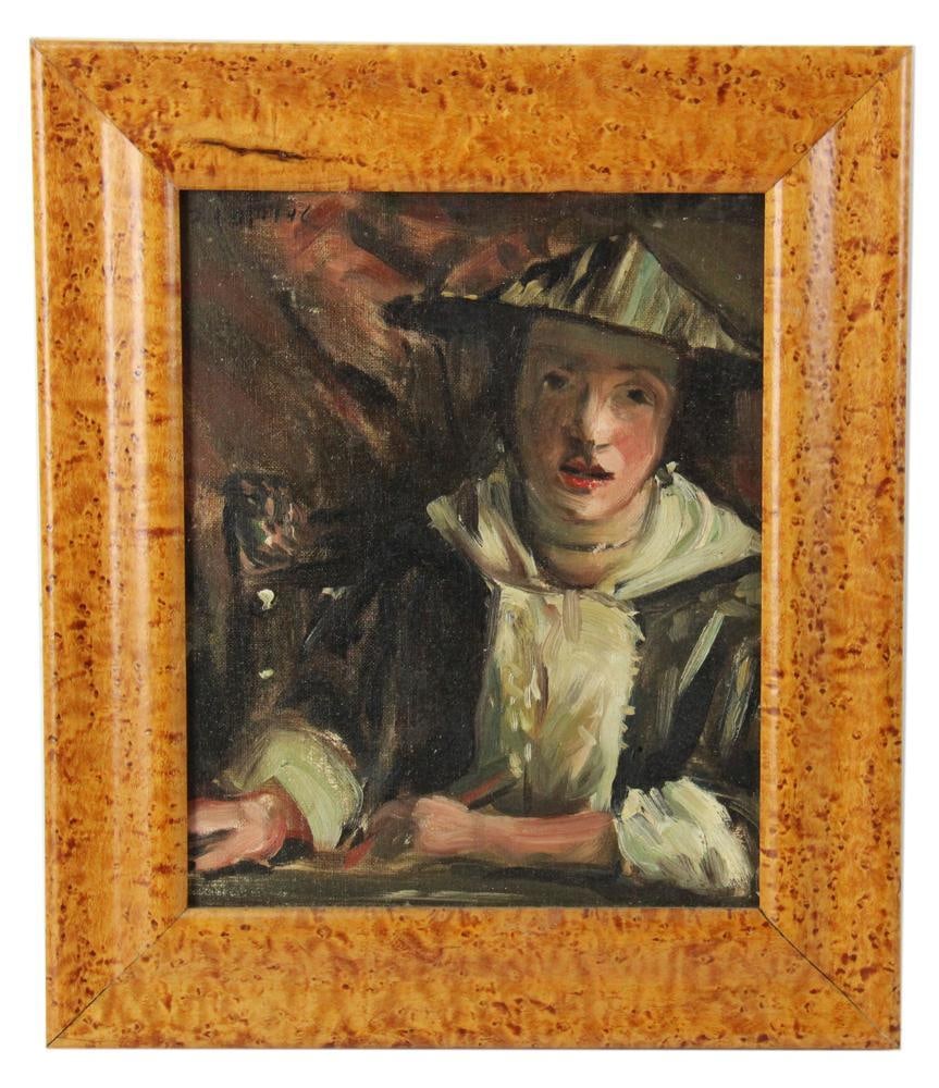 Charles Merrill Mount, "Vermeer Vernissage", Oil on Board: Charles Merrill Mount (1928-1995), "Vermeer Vernissage", (after "Girl with a Flute"), oil on board, signed U/L, 10 1/4" x 8 1/4" (sight), in birdseye maple frame 14 1/2" x 12 1/4". Provenance: Estate