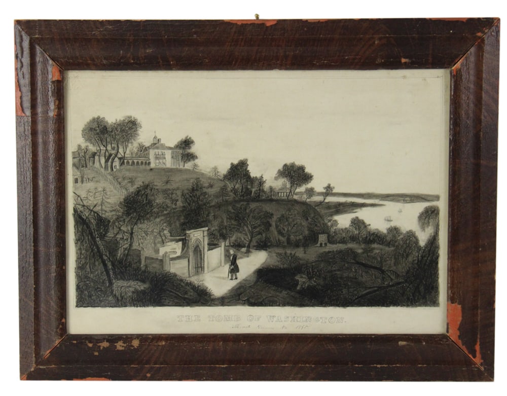 19thC Charcoal Drawing, Tomb of Washington: 19th century framed charcoal drawing title and dated "The Tomb of Washington", "Mount Vernon VA 1850", 9 1/2" x 13 3/4" (sight), framed 13" x 17". Provenance: Estate of Dalia Zikas of Melrose,