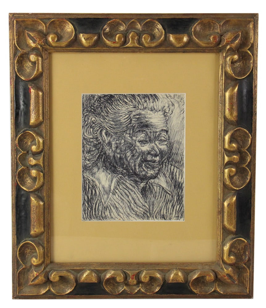 Ink Drawing of Woman, in Carved Frame (1 of 5)