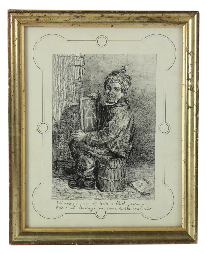 19thC Ink Illustration of Young Boy with Drawing: 19th century ink illustration of young boy displaying his drawing, framed 10 1/2" x 8 1/2". Provenance: Estate of Dalia Zikas of Melrose, Massachusetts.