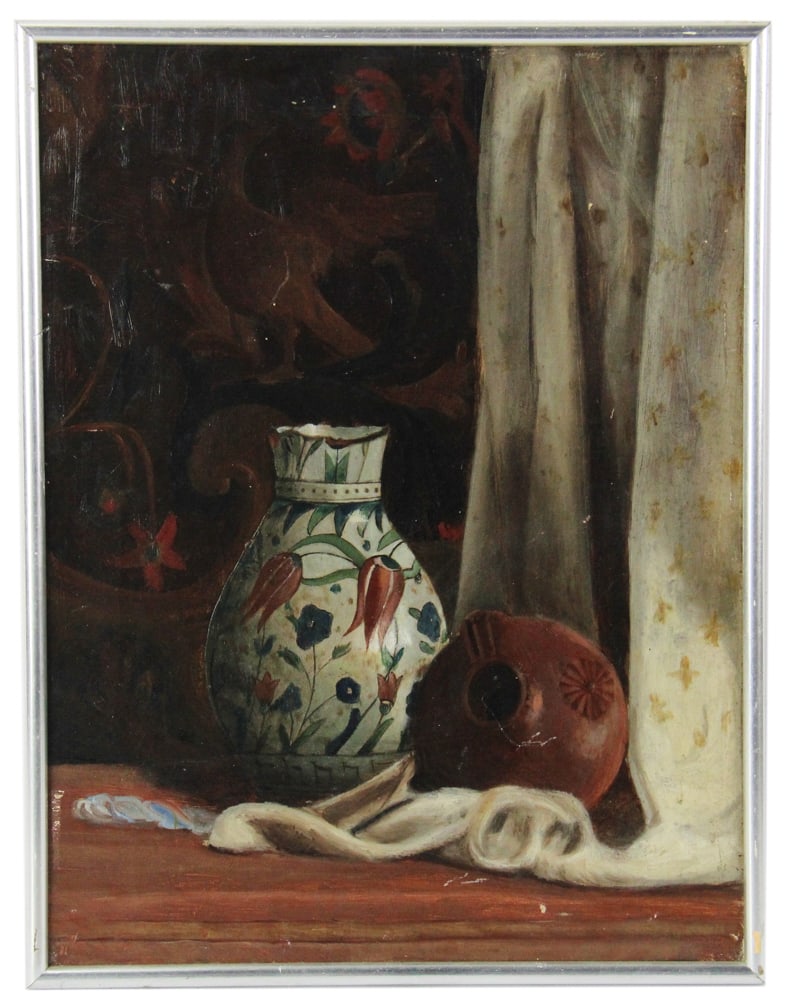 Still Life of Vases, Oil on Canvas: Still life of vases, oil on canvas, 17 1/4" x 13", framed 17 5/8" x 13 1/2". Provenance: Estate of Thomas Nicholson of Palm Beach, Florida and Stratham, New Hampshire.