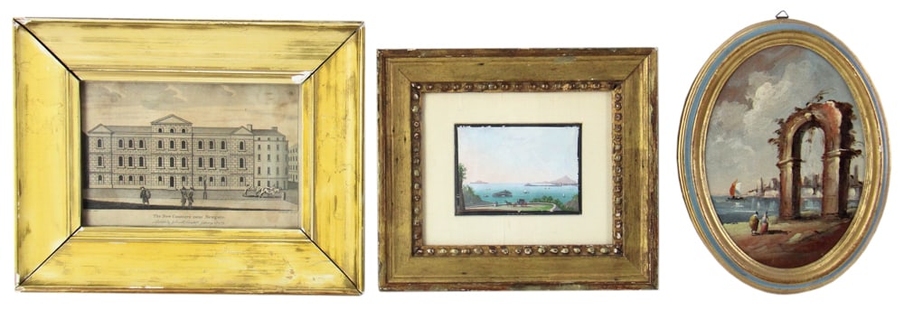 Miniature and Prints: Miniature and prints, The New Counters near Newgate, framed 9" x 11", Mt. Vesuvius, framed 8" x 9", Italian oil of ruins, framed 8" x 6". Provenance: Estate of Thomas Nicholson of Palm Beach, Florida