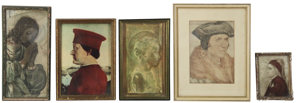 Group of Prints After Holbein, Lippi, Della Francesca, etc.: Group of prints, to include: after Hans Holbein the Younger, portrait sketch of Sir Thomas More, unsigned, 14" x 10" (sight), framed 22" x 17 1/2"; after Filippino Lippi, "An Angel Adoring",