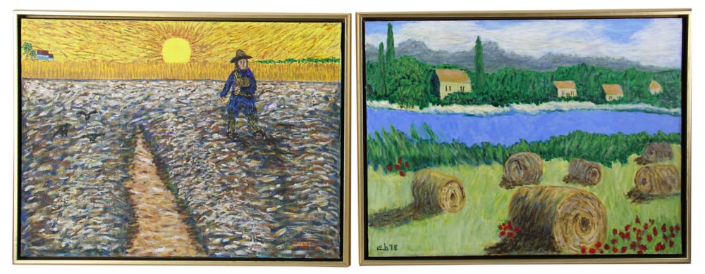 After Van Gogh's "The Sower", and View of Field in Italy: Two items, including: framed copy of Van Gogh's 1888 painting "The Sower" depicting farmer sowing seeds, "Intense Colors", 18" x 24" (image), framed 20" x 25"; scenic view of field with harvested hay