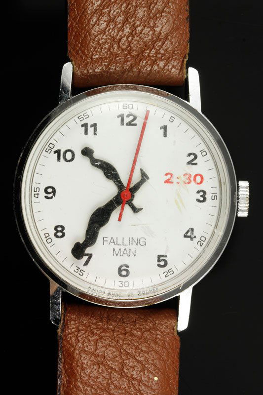 Trova Falling Man Wind Watch: Ernest Trova (b. 1927), Falling Man, copyright Pace Editions 1974, Swiss made manual wind watch, dial reads "Falling Man, Swiss Made by Marcel", back case stamped "Copyright Pace Editions 1974", watch