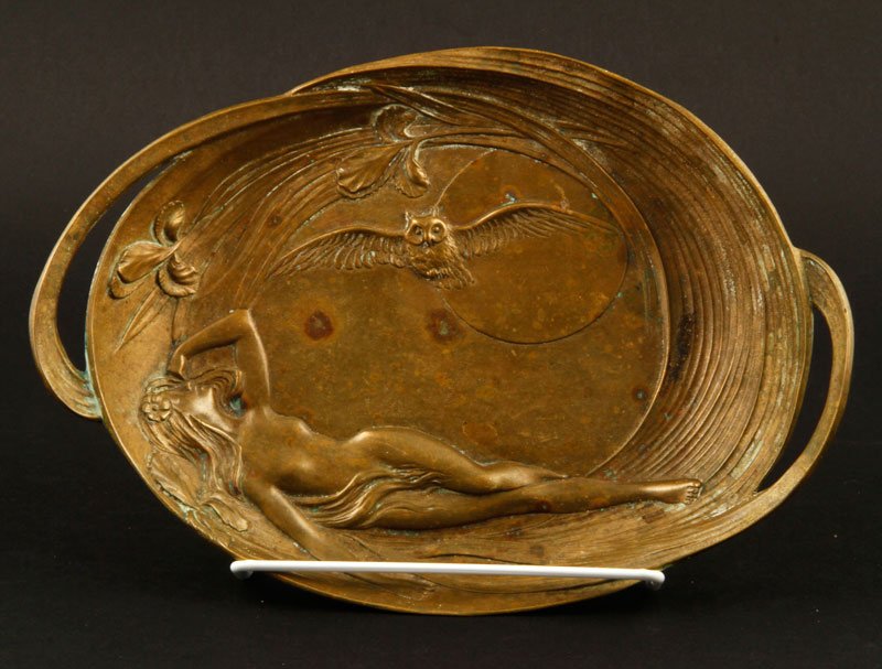Art Nouveau Style Tray: Art Nouveau style bronze oval tray having nude, owl, foliage and full moon, 10 1/2"l.