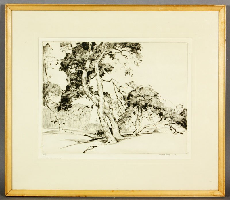 Hutty, "Old Sycamores," Etching: Alfred Heber Hutty (1877-1954), "Old Sycamores," etching on paper, signed in pencil and monogrammed lower right, numbered 37/50, titled lower left in pencil, 9 3/4" x 12 1/4" (view), 15 1/4" x 17 1/2"