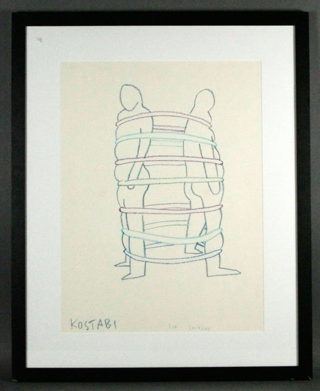 Kostabi, Crayon Drawing: Mark Kostabi (American, b. 1960), "Bound to Fail, Eat at Savon", crayon drawing, signed lower left, inscribed for Shirley, titled verso, 23 1/2" x 17 1/2", 32" x 26" (frame).