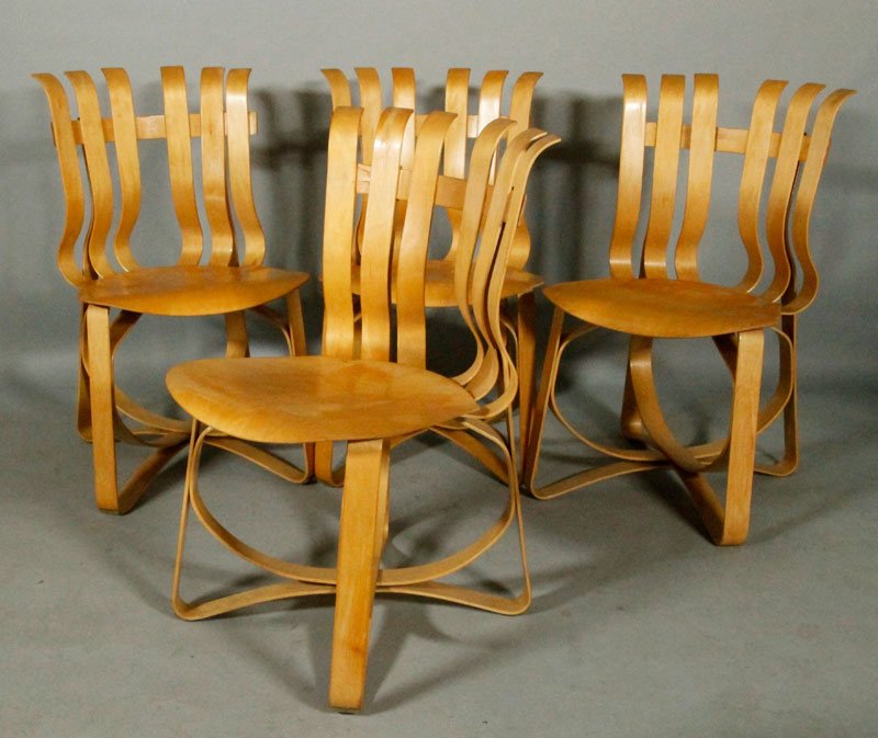 4 Knoll Frank Gehry "Hat Trick" Chairs: Four Frank Gehry for Knoll "Hat Trick" bentwood side chairs, circa 1999, wood burned signature and mfg marks, 33 1/2"h.