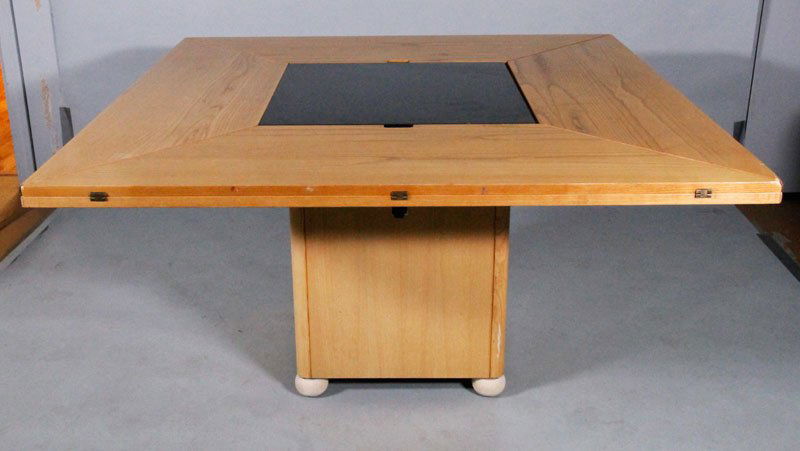 Berghe Dining Table: Bob van den Berghe dining table, envelope design with outward opening integral leaves, mahogany, "Cirkante" by Van den Berghe - Pauvers Belgium, 1980's, J Sorensen label, 29 1/2"h x 49"sq (closed), 78