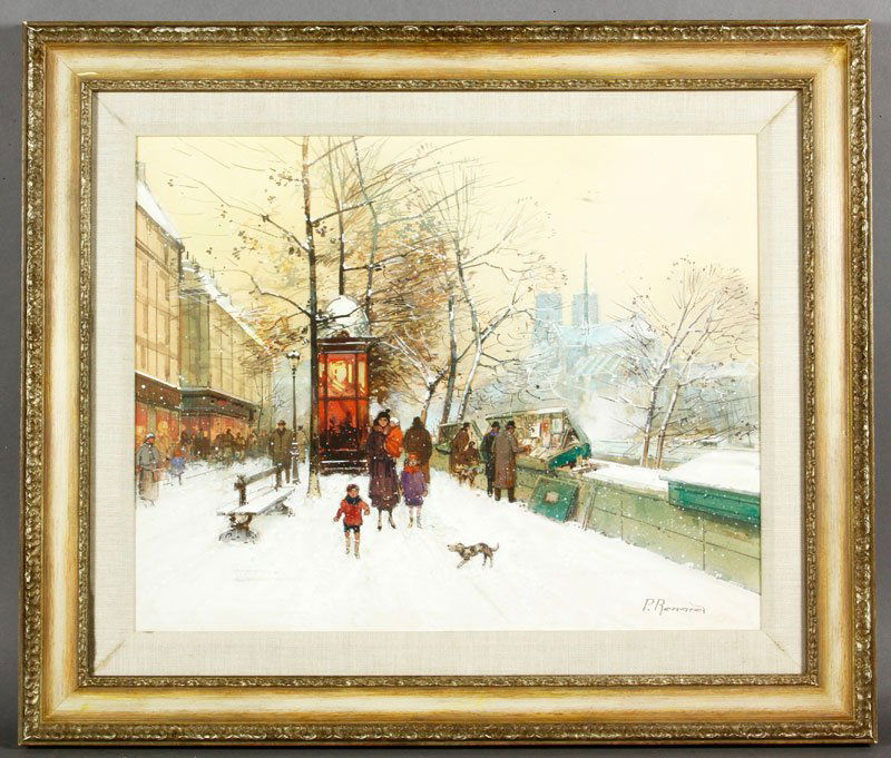 Renard, "Paris in the Winter," W/C: Paul Renard, "Paris in the Winter," gouache and watercolor on paper, signed, 15" x 19 1/2" (view), 22 1/2" x 26 1/2" (frame).