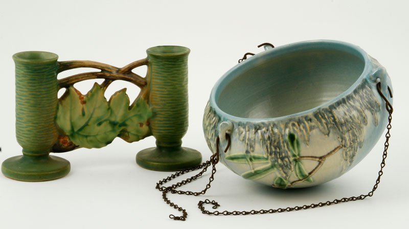 2 Pieces of Roseville Pottery: Two pieces of Roseville pottery including a double vase and a moss hanging, 5"h x 6 3/4"l.