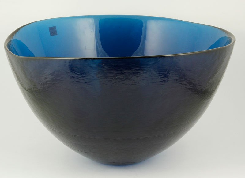 Sven Palmquist for Orrefors Modernist Bowl: Sven Palmquist for Orrefors, monumental handmade modernist bowl, estimated circa 1950s, blue blown glass, possibly unique prototype for Fuga Line, with Orrefors sticker, base signed Orrefors Sven Palm