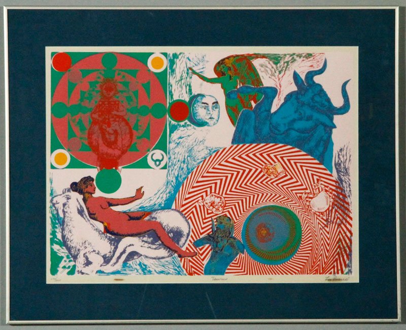 Russell, "Taurus," Serigraph: Leo Russell, "Taurus," serigraph, 230/250, circa late 1960s, numbered, titled, and signed in pencil in lower margin, 17 3/4" x 23" (view), 24" x 29 3/4" (frame).