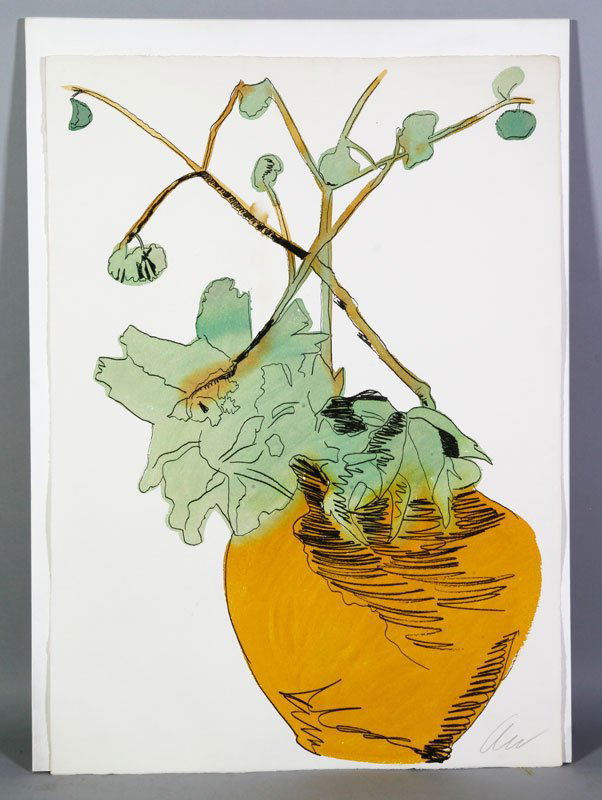 Warhol, Flowers, Colored Silk Screen: Andy Warhol (American, 1928-1987), Flowers 1974, colored silk screen, initialed on front lower right "AW", signed in pencil verso, "Andy Warhol 47/50", paper stamped "Archer France", 41 1/2" x 30". Pr