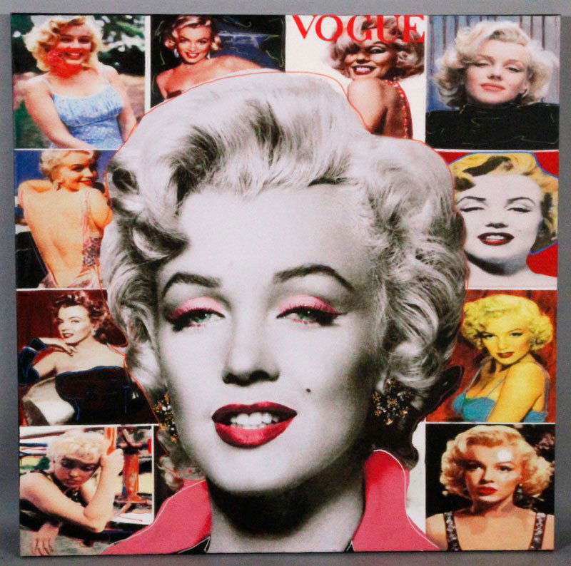 Kaufman, Marilyn, Oil and Silkscreen on Canvas: Steve Kaufman, "Pop Marilyn Collage White Border," hand painted oil and silkscreen on canvas, 48" x 48".