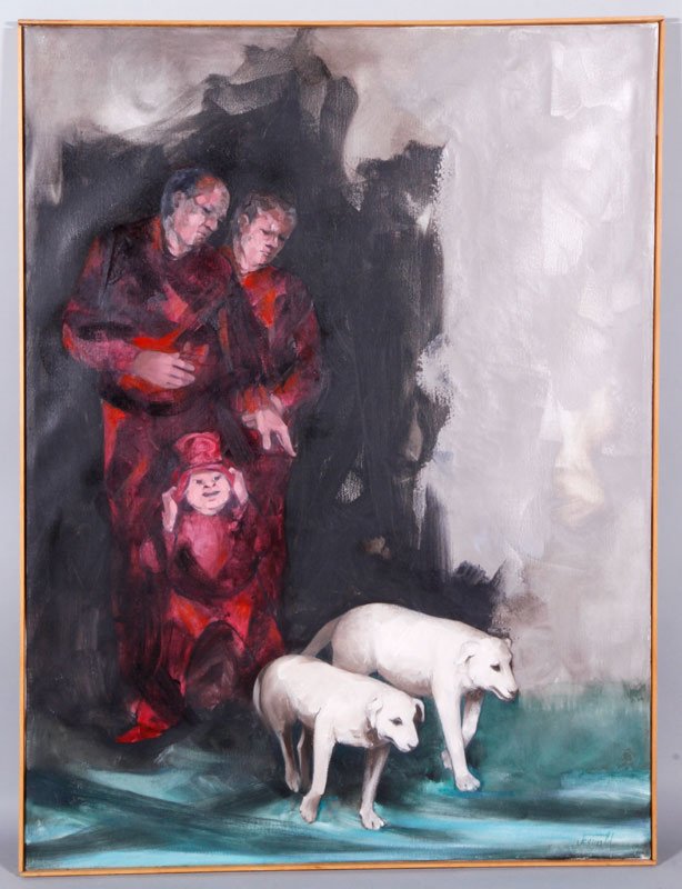 Jeswald, Men With Dogs, O/C: Joseph Jeswald (American, 1927-2009), men with dogs, oil on canvas, signed lower right, 50" x 37 3/4" (image), 50 1/2" x 38 1/4" (frame).