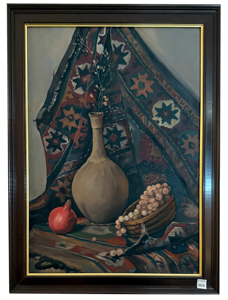 Still Life of Fruit, Vase, and Rug, Oil on Canvas: Still life of grapes, pomegranate, and vase with Caucasian rug back-drop, oil on canvas, signed indistinctly L/R and dated 1995, 27" x 19", framed 31" x 23". PLEASE NOTE: Item to be picked up at 129 C